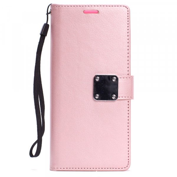 Wholesale iPhone X (Ten) Multi Pockets Folio Flip Leather Wallet Case with Strap (Rose Gold)